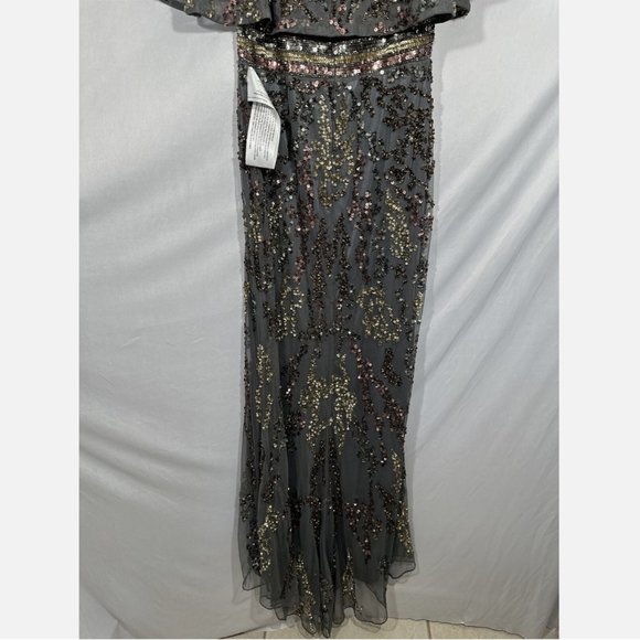 NWT $698 Mac Duggal [‎ 8 ] Cape Sleeve Embellished Gown in Charcoal Multi Gold - Picture 12 of 15
